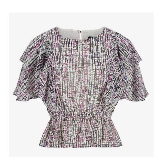 Express Geometric Abstract Ruffle Sleeve Work Peplum Top Size Small - Picture 2 of 6